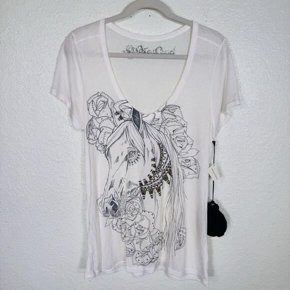 Key Closet Tops - Key Closet Top Womens Medium Horse Rose Swarovski Crystal Tee Equestrian Y2K NEW